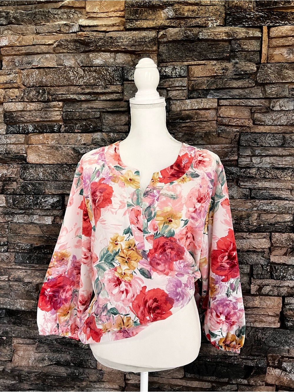 Serengeti Pink Floral Split-Neck Blouse with Red and Yellow Accents